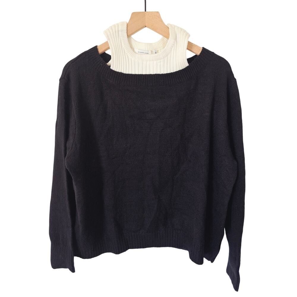 NWT Avantlook Black White Twofer Sweater Crew Neck Faux Layered Rib Knit Size M